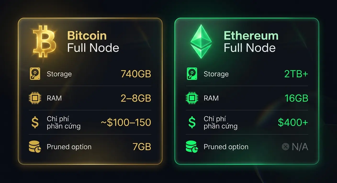 Chi phí thực tế chạy full node Bitcoin và Ethereum, storage, RAM, bandwidth