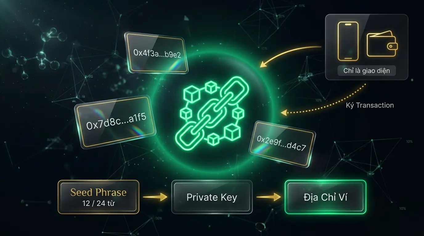 Sơ đồ vị trí crypto trên blockchain và vai trò của seed phrase