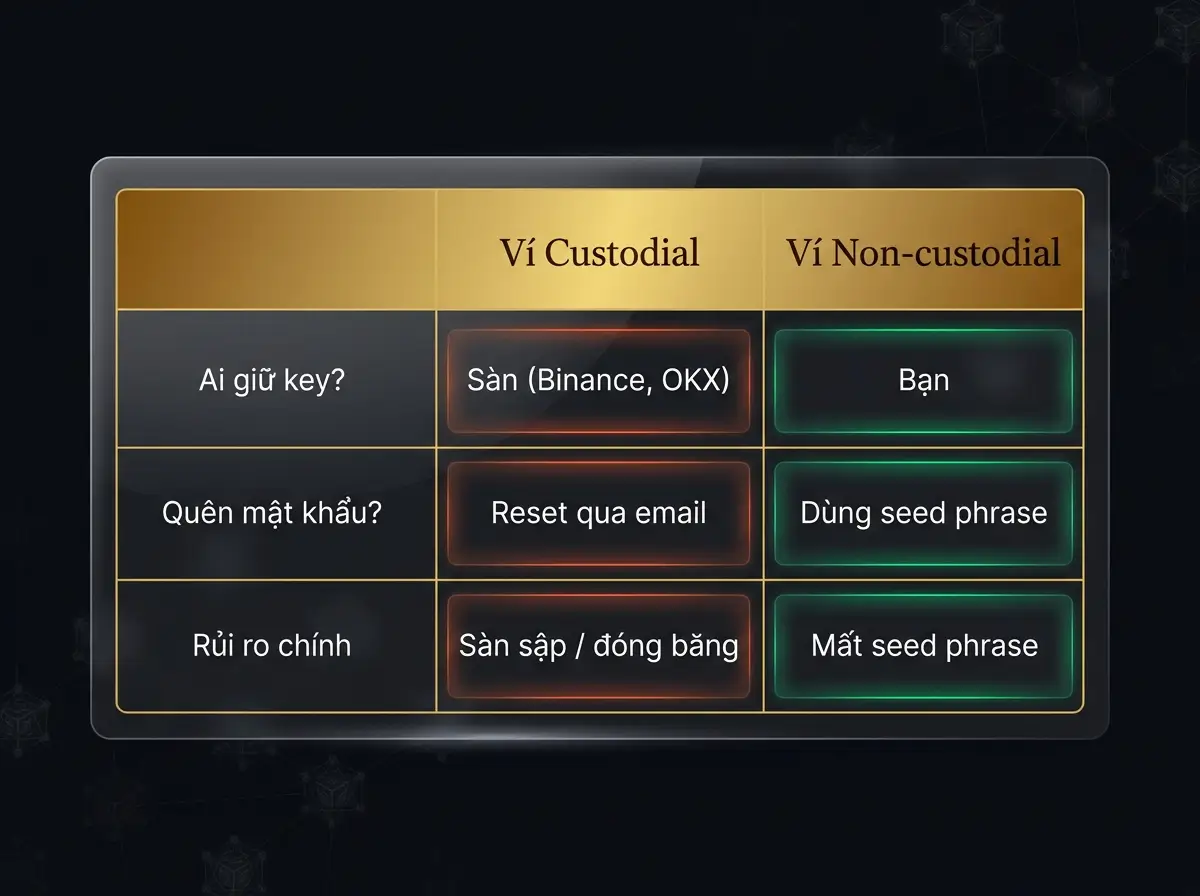 Bảng so sánh ví custodial và non-custodial theo 3 tiêu chí