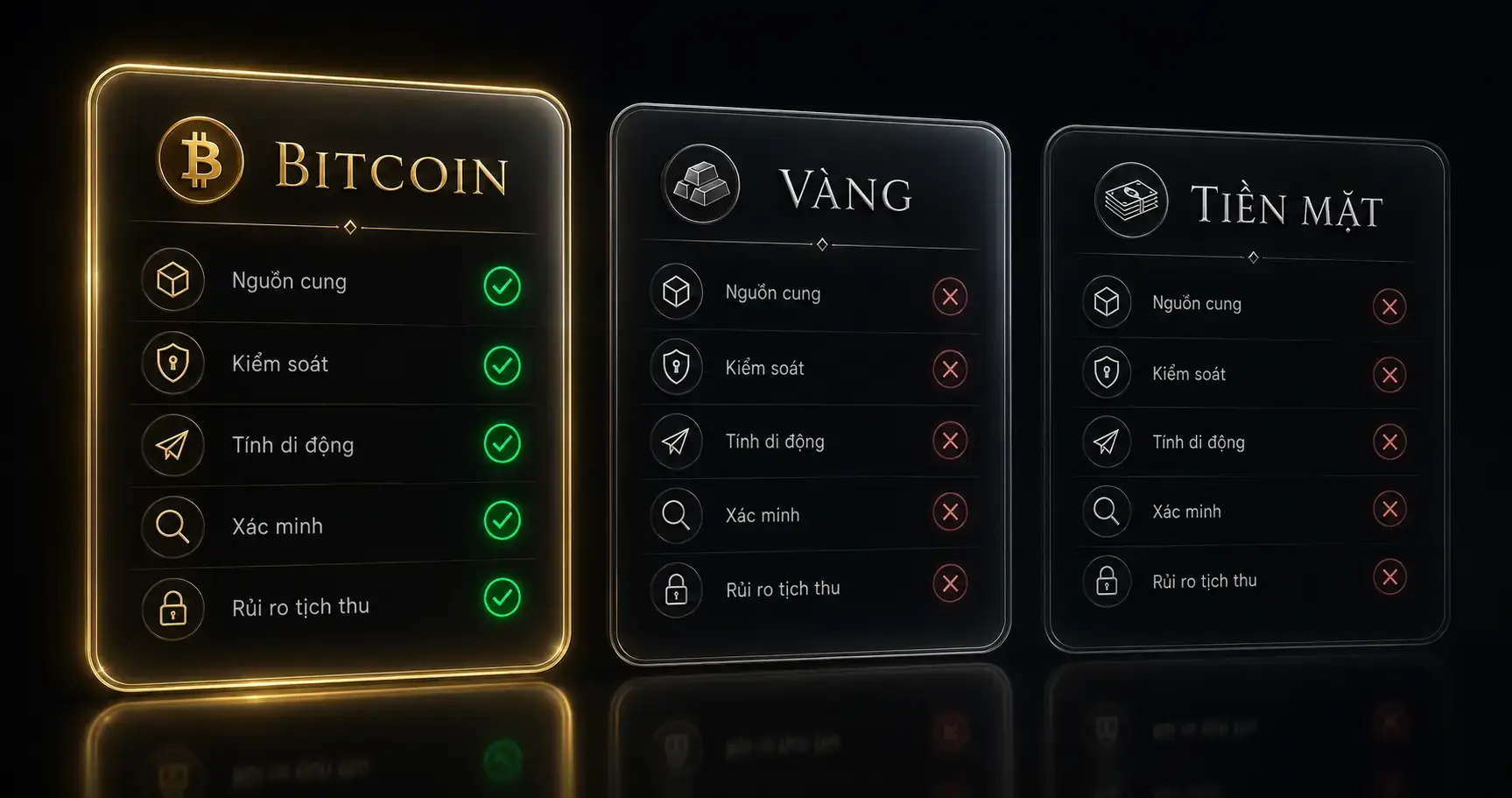 So sánh cao cấp Bitcoin, vàng và tiền mặt làm phương tiện lưu trữ tài sản theo năm tiêu chí quan trọng