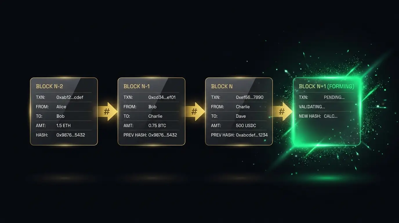 Cơ chế block chain, mỗi block chứa hash của block trước, tạo chuỗi liên kết không thể phá vỡ