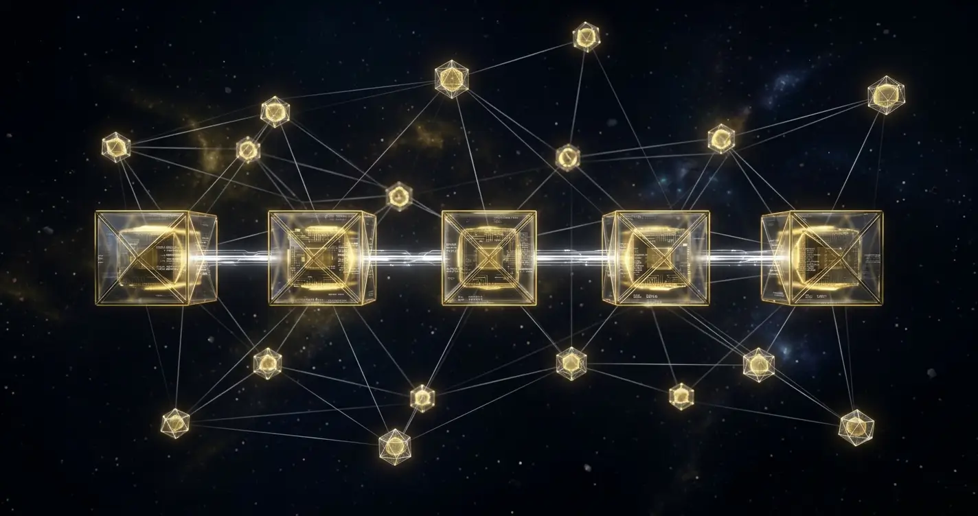Trực quan hóa 3D mạng lưới blockchain Bitcoin phi tập trung với các node vàng phát sáng trên nền tối