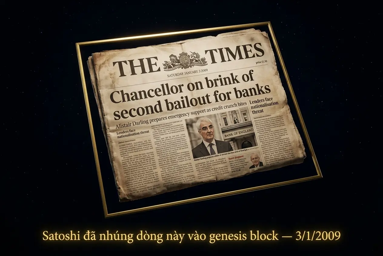 Trang nhất báo The Times ngày 3 tháng 1 năm 2009 về gói cứu trợ ngân hàng, đoạn văn Satoshi Nakamoto nhúng vào genesis block Bitcoin