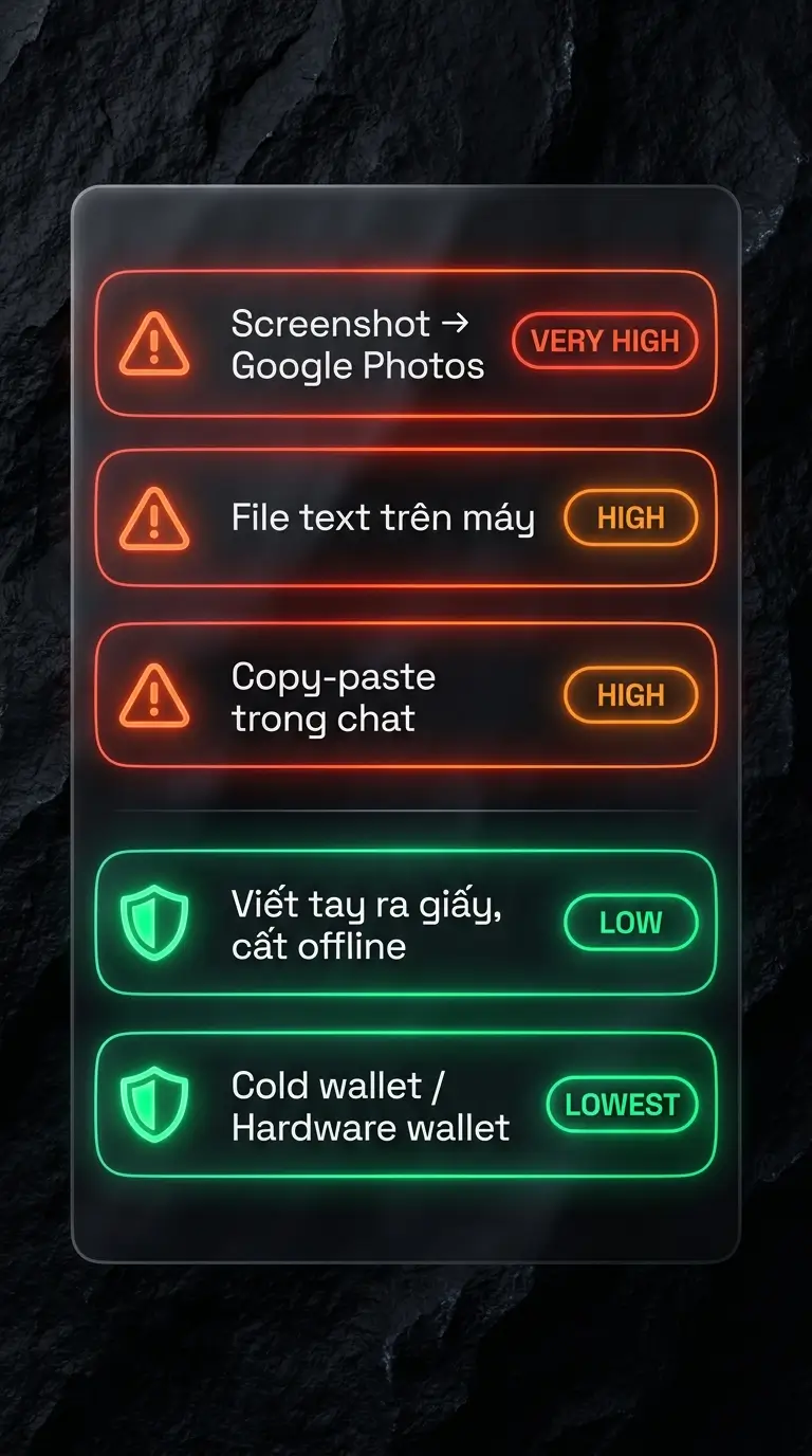 Bảng mức độ rủi ro các cách lưu trữ seed phrase và private key