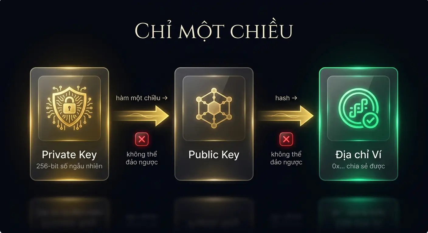 Sơ đồ cách private key tạo ra public key và địa chỉ ví trong blockchain