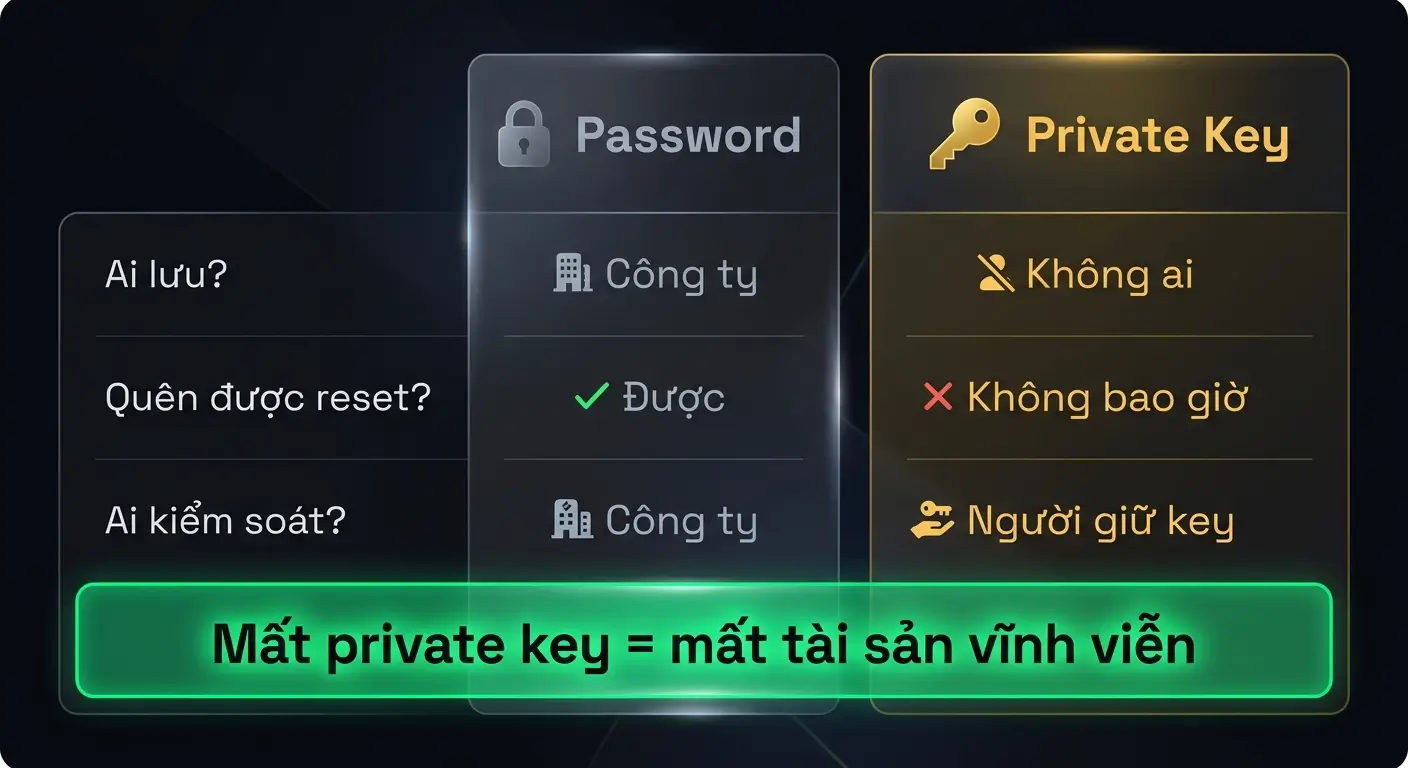 So sánh private key và password — khác nhau về cách hoạt động và khả năng recover